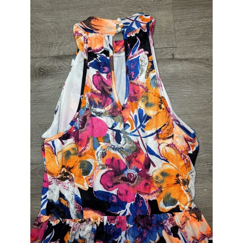 Floral Halter Maxi Dress Gold Waist Detail Tropical Resort Large - Picture 6 of 8